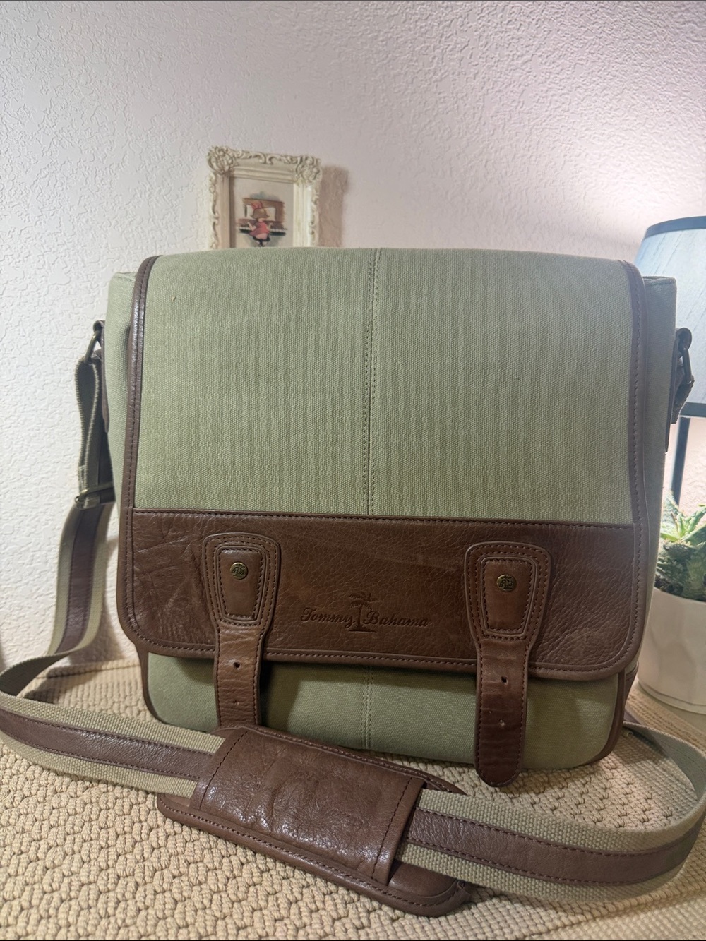 Tommy Bahama Olive Canvas Leather Messenger Bag Crossbody Safari Travel